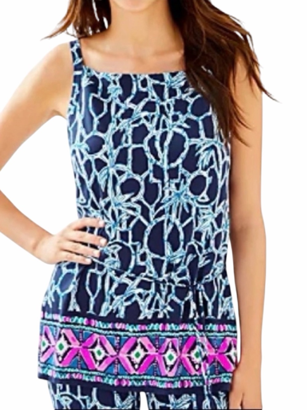 Lilly Pulitzer Sleeveless Navy & Aqua Patterned Tank Top